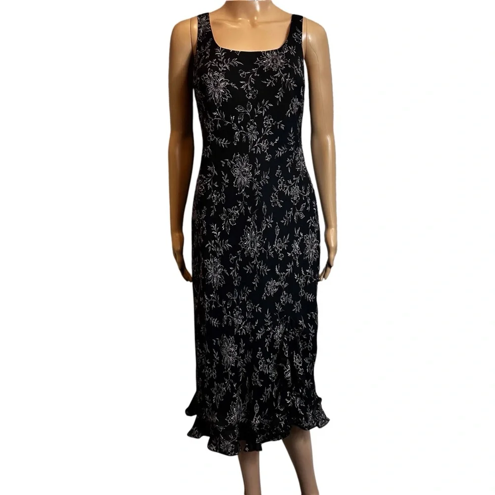 Vintage Ann Taylor Silk Floral Black Midi Dress - Picture 4 of 11